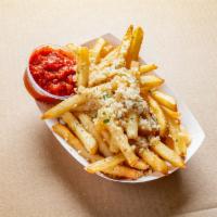 Garlic Fries · Crispy fries tossed in homemade garlic sauce. Topped with Parmesan cheese and served with ra...
