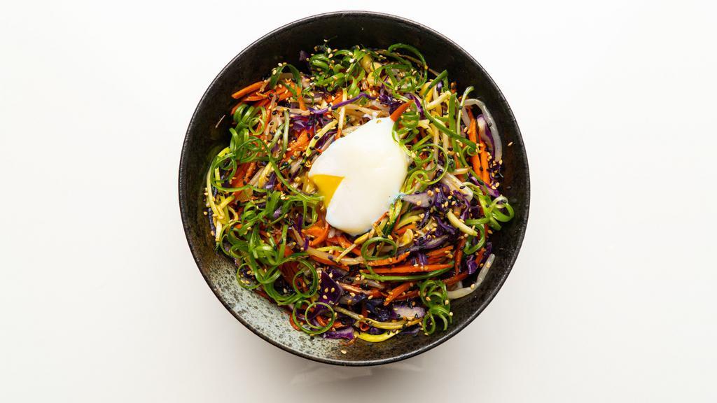 BIBIMBAP · House purple rice, Stir fried purple cabbage, zucchini, carrots, bean sprouts, scallions with soft boiled egg.