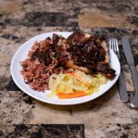 Jerk Chicken Dish · Chicken marinated in special seasoning and jerk sauce.
Served with Rice n Peas and Veggies 