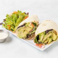 Avocado Wrap · Avocado, red onions, tomatoes, spring mix, basil and spicy mayo. Served with a side house sa...