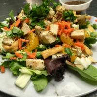 Asian chicken salad · Spring mix,shredded cabbage,shredded carrots,sliced almonds,poppy seeds,mandarin oranges cil...