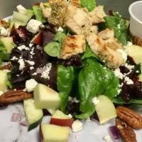 Harvest salad · Spring mix,apples,cucumber,pecans,feta,craisins,red onion,goat cheese,grilled chicken served...
