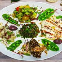 Veggies Combo Bowl · Hummus, Baba Ghanush, Falafel, Tabouleh, Garden Salad, Fresh Veggies, House Dressing, Herbs ...