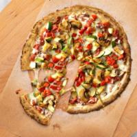 Veggie Veggie Good Pie · Crispy cauliflower pizza topped with mushrooms, jalapenos, bell peppers and mozzarella chees...