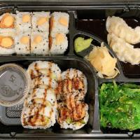 Sushi Bento Box · Choose Any Two Roll W. 2PCS Steam Dumpling , Seaweed Salad & Miso Soup