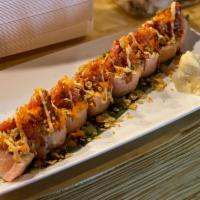 LAGUNA · Salmon, yellowtail, avocado wrapped with soy paper, topped with spicy tuna, drizzled with ho...