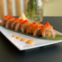 FALL ROLL · Spicy salmon and cucumber, topped with salmon and masago
