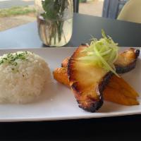 CHILEAN SEA BASS · 6 oz of 24 hour marinated miso glazed Chilean Sea Bass with a side of rainbow carrots and ja...