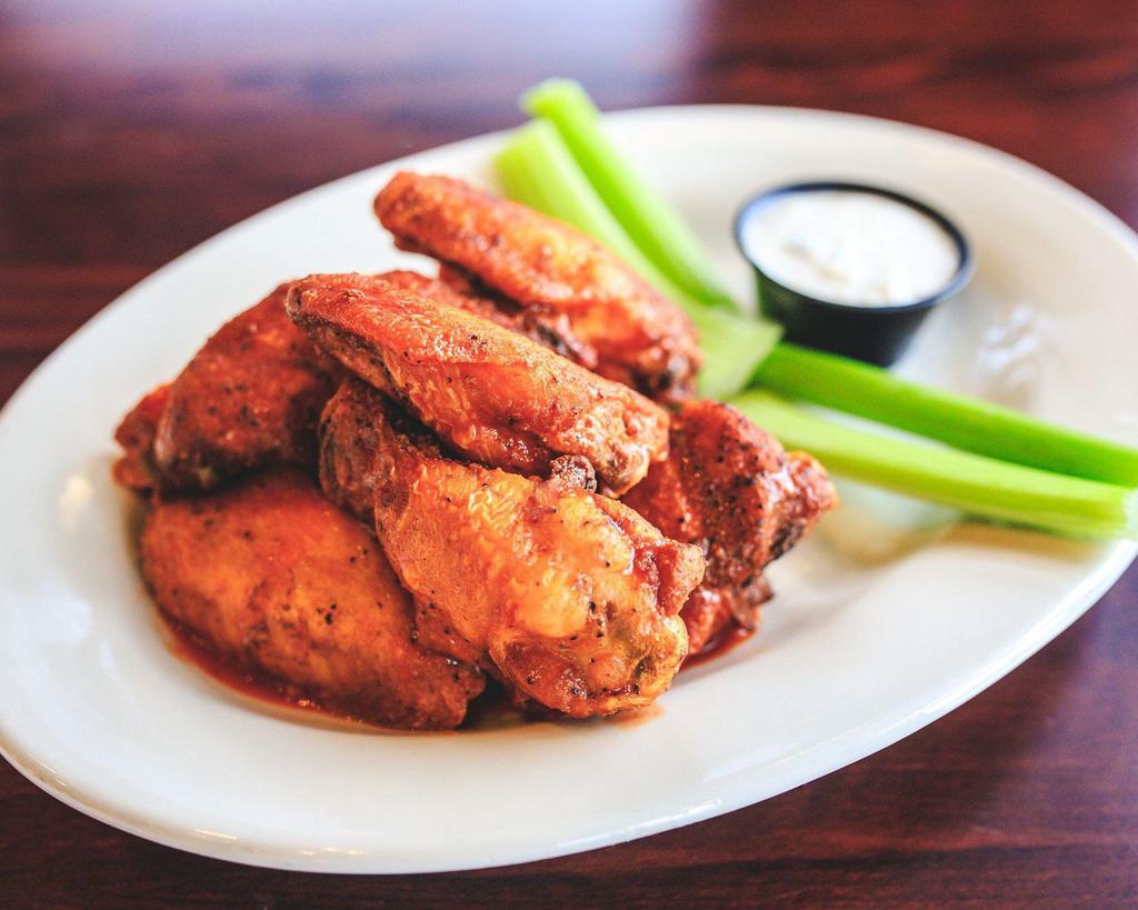 Oscar's Wings · Full 1 lb. of wings tossed in your choice of old bay, Buffalo, BBQ of teriyaki sauce. Served with bleu cheese or ranch dressing and celery.