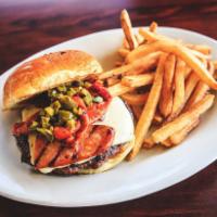 Alehouse Cajun Burger · Burger, wood-grilled and topped with andouille sausage, roasted red pepper, pepper jack chee...