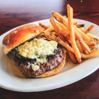 Portobello and Crumbled Bleu Cheese Burger · Burger wood-grilled and topped with portabello mushroom and bleu cheese served with a side F...