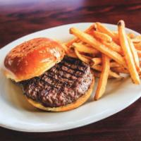 Wood Grilled Burger · 8oz wood grilled burger grilled to perfection and served with a side of French fries.