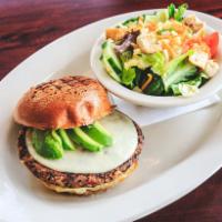 Black Bean Burger · House made black bean patty with red pepper, corn, red onion, feta cheese and chipotle peppe...