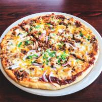 Barbecue Chicken Pizza · Applewood smoked bacon, wood grilled chicken, red onions, mozzarella, provolone and cheddar ...