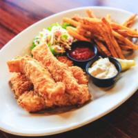 Fish and Chips · Huge portion of meaty white cod, beer battered and deep fried and served with Oscar's own co...