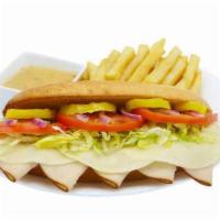 Turkey & Cheese Sub · Footlong sub. Turkey, provolone cheese, lettuce, tomatoes, banana peppers, red onions, mayo ...