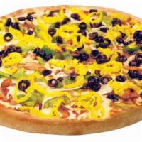Veggie Pizza · Green peppers, onions, black olives, mushrooms and banana peppers.