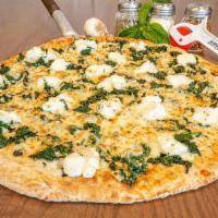 Spinach Pizza  · Minced garlic, spinach, ricotta and mozzarella.