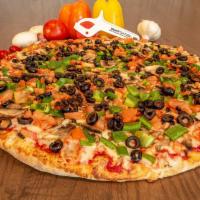 Vegetarian Pizza · Tomato sauce, mozzarella cheese, mushrooms, green peppers, onions, tomatoes and olives.