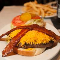 Bacon and Cheddar Burger · Burger topped with thick cut apple wood bacon.