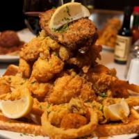 Seafood Platter · Feeds 2. Fried catfish, shrimp, and oysters, stuffed crab, and onion rings.