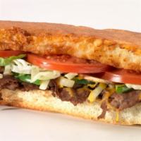 4. Steak Grinder · Sirloin steak, mushrooms, onions, green peppers, mayo, lettuce and tomatoes. Baked and serve...