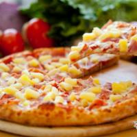 Hawaiian Pizza · Ham, bacon and pineapple, topped with our 4 cheeses.
