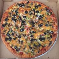 Vegetarian Pizza · Mushrooms, onions, green peppers, black olives and our 4 cheeses.