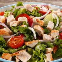 Grilled Chicken Salad · Lettuce, tomatoes, chicken, onions, green peppers and cheddar cheese with 2 dressings.