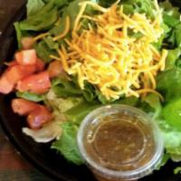 Vegetarian Salad · Lettuce, tomatoes, onions, green peppers, mushrooms, black olives, cheddar cheese with 2 dre...