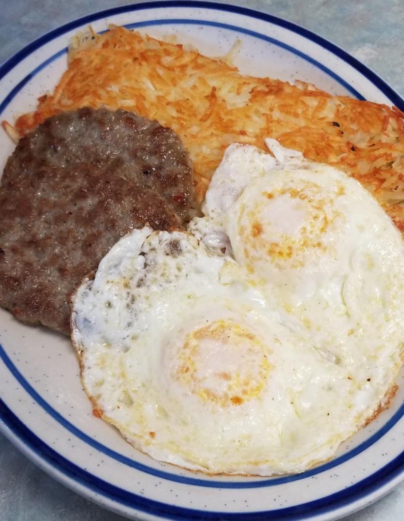Sausage and Eggs · 100% pork patties with a unique spice blend served with 2 eggs any style, hash browns & toast.