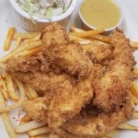 Chicken Tenders · Crispy fried tenders and shoestring fries with coleslaw and dipping sauce.
