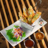 2. Fried vegetables Roll ( 5 pieces) · Deep fried vegetable spring rolls served with sweet chili sauce.