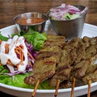 Beef satay(3 skewers) · Marinated sirloin beef skewers,grilled served with peanut sauce &cucumber salad