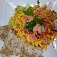 Mango Salad · Diced Mango,grilled shrimp,roasted coconut,bell peppers,tomatoes,onion,cashew nuts,lime dres...