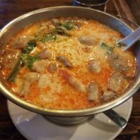 2. Tom Yum Soup · Spicy and sour soup with choice of meat, lemongrass, mushroom, green onion, tomato, lime, ka...