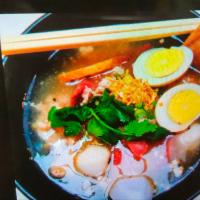 4. Kuay Tiew Tom Yum · Rice noodles, roasted & ground pork, fish balls, boiled egg, bean sprouts, lime, peanuts and...