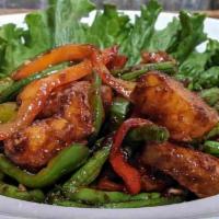 1. Pad Prink King · Choice of meat, stir fried, with chili paste, bell peppers, kaffir leaves and green beans. 
