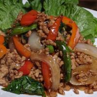3. Pad Ka Pow · Choice of ground meat, stir fried, with chili, green beans, garlic, onion, bell pepper and b...