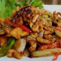 5. Pad Med Ma Muang · Choice of meat, deep fried with bell pepper, onion, dried chili, cashew nuts and chili paste.