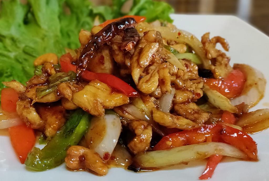 5. Pad Med Ma Muang · Choice of meat, deep fried with bell pepper, onion, dried chili, cashew nuts and chili paste.