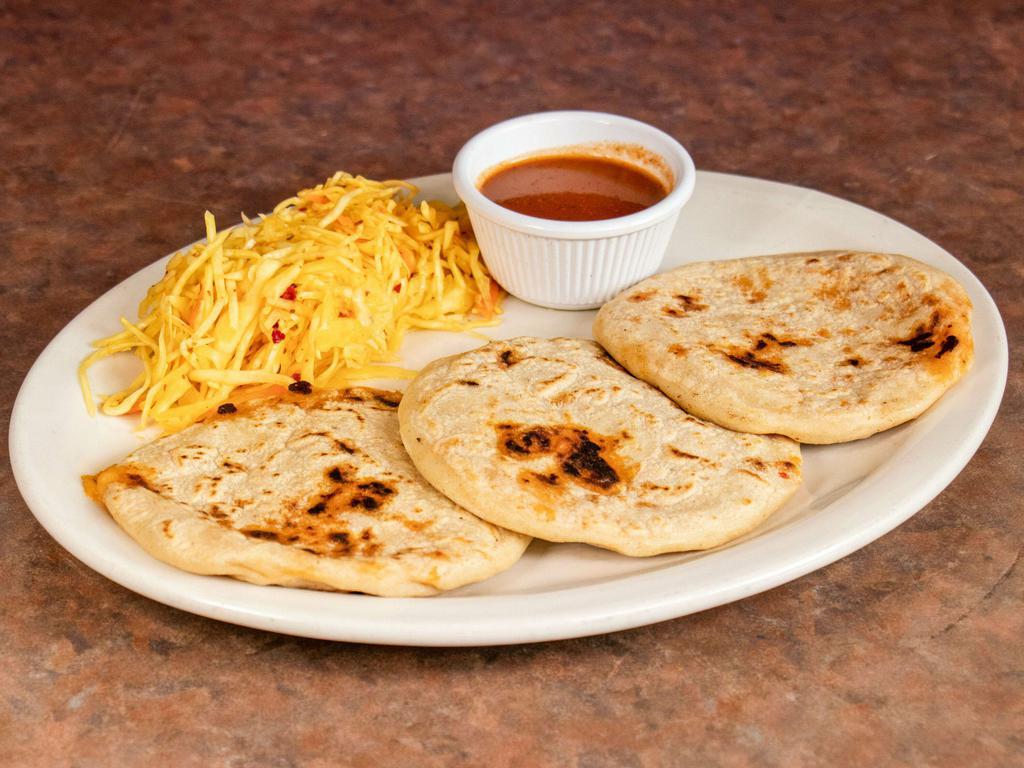 Pupusas · Corn tortillas stuffed with your choice of cheese, refried beans, pork or loroco.