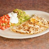 Chicken Quesadilla · A large flour tortilla grilled with melted cheese served with lettuce, tomatoes, sour cream ...