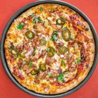 8. Pork Carnitas Pizza · Muertos pizza sauce, Mexican cheese blend, slow cooked pork, and red onions. Comes with sals...