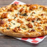 Buffalo Chicken Ranch Pizza · Chicken marinated in hot sauce and covered with ranch dressing.