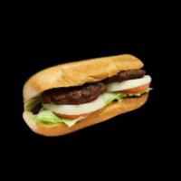 Hamburger Sub with Fries · Lettuce, tomato, mayo and raw onions.