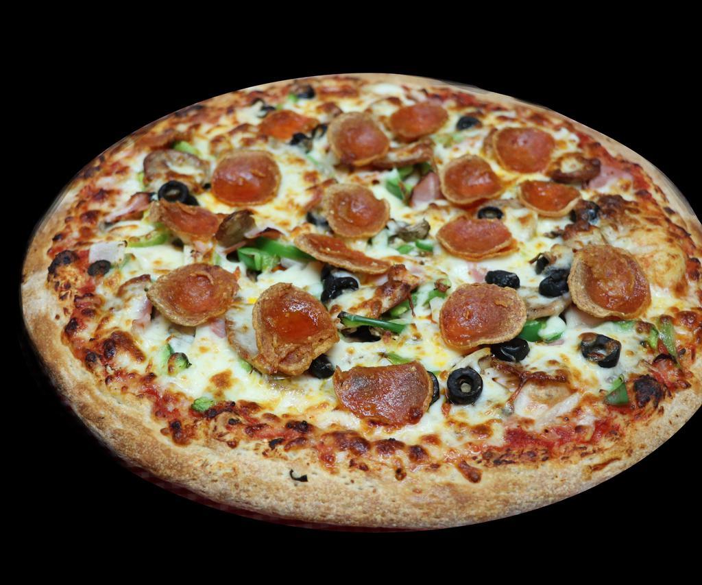 Supreme Pizza · Pepperoni, fresh mushrooms, onions, green peppers, ham, Italian sausage, black olives and double cheese.