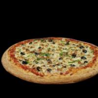 Pizza Palace Unique · Our secret sauce, ground beef, red onions, black olives, fresh sliced tomatoes, green pepper...