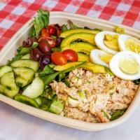 Dr Zand Paleo Salad · Tuna salad, avocado, 2 eggs, sliced pepperoncini, cherry tomato, cucumber, black olives, bab...