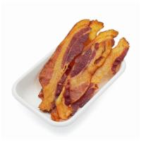 Bacon · Five pieces of sliced applewood bacon.